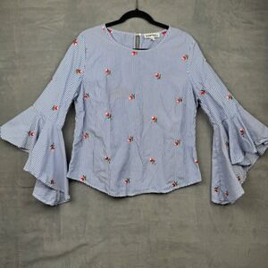 KONTROL Contemporary Women Blue Stripe Ruffle Sleeve Embroidered Rose‎ Blouse XL